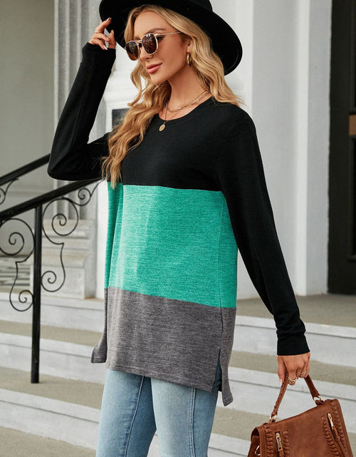 Load image into Gallery viewer, Color Block Round Neck Long Sleeve Slit T-Shirt
