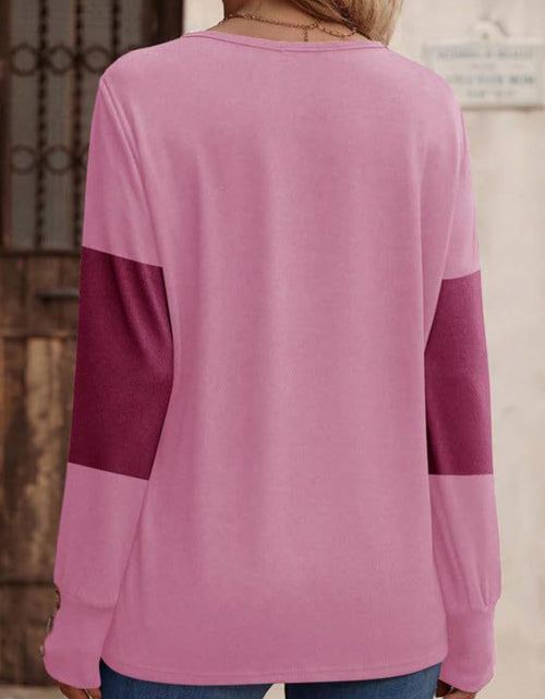 Load image into Gallery viewer, Decorative Button Contrast V-Neck Long Sleeve T-Shirt
