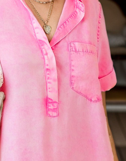 Load image into Gallery viewer, Pocketed Collared Neck Short Sleeve Denim Dress
