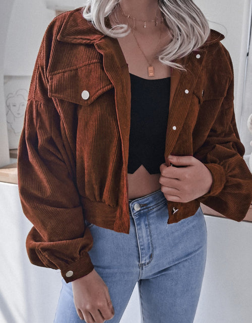 Load image into Gallery viewer, Lantern Sleeve Cropped Corduroy Jacket
