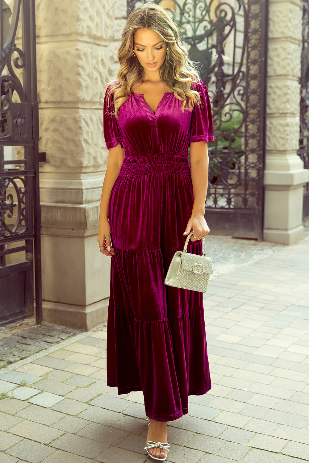 Katherine Velvet Short Sleeve Shirred Waist Tiered Dress by Poppy Lee Lane