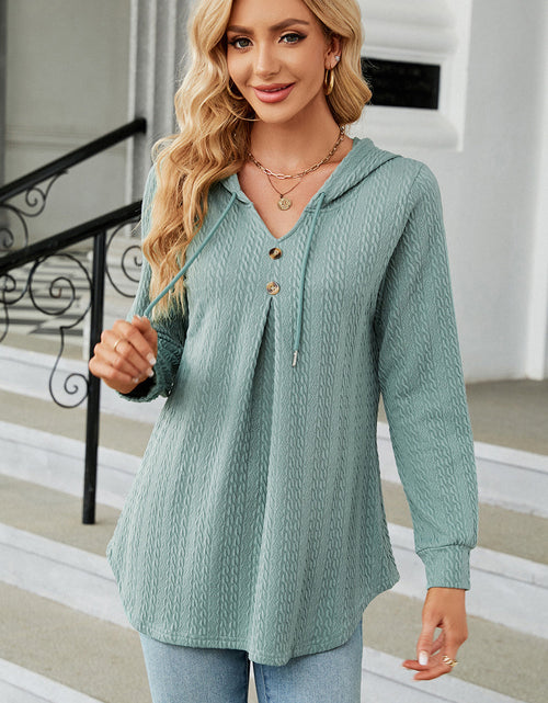 Load image into Gallery viewer, Decorative Button Drawstring Long Sleeve Hoodie
