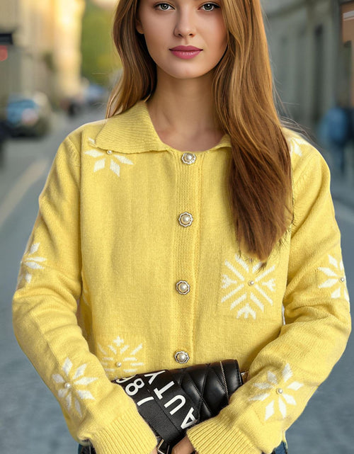 Load image into Gallery viewer, Pearl Trim Collared Neck Long Sleeve Cardigan
