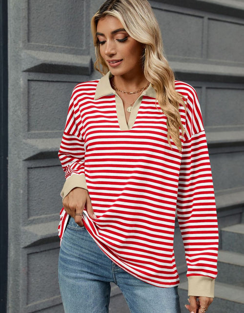 Load image into Gallery viewer, Striped Johnny Collar Long Sleeve Sweatshirt
