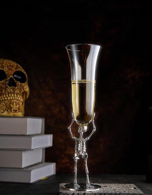 Load image into Gallery viewer, Skeleton Champagne Flute Glass | Single | 7.5oz Halloween Skeleton Glasses 10" H, Goth Gifts, Skeleton Gifts, Skeleton Decor, Spooky Wine Gift Set, Perfect for Halloween Themed Parties by The Wine Savant
