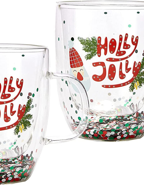 Load image into Gallery viewer, Set of 2 Holly Jolly Christmas Design Tumbler Mugs - Confetti Filled 9.5 oz Decorated Christmas Glass - Perfect for Wine, Eggnog, Cocoa, Holiday Parties &amp; Festivities - 4.25" High, 9.5 oz Capacity by The Wine Savant
