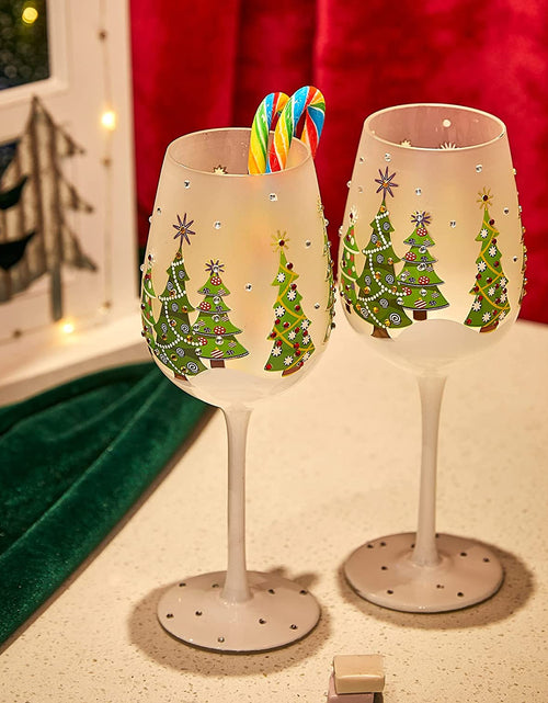 Load image into Gallery viewer, Set of 2 Stemmed Christmas Tree Design Wine Glasses - Hand Painted 14 oz Decorated Christmas Tree Glasses - Perfect for Wine, Champagne, Holiday Parties and Festivities - 8.75" High, 14 oz Capacity by The Wine Savant
