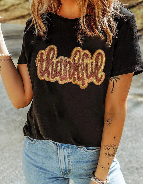 Load image into Gallery viewer, THANKFUL Sequin Round Neck Short Sleeve T-Shirt
