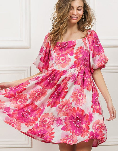 Load image into Gallery viewer, BiBi Floral Square Neck Puff Sleeve Mini Dress
