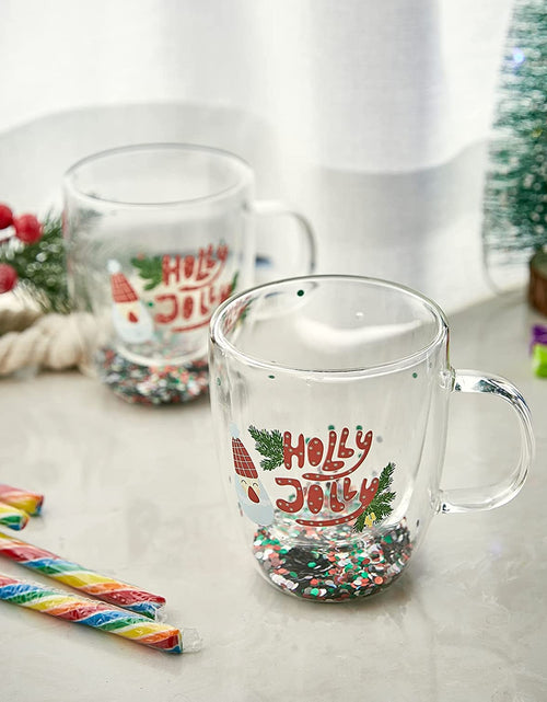Load image into Gallery viewer, Set of 2 Holly Jolly Christmas Design Tumbler Mugs - Confetti Filled 9.5 oz Decorated Christmas Glass - Perfect for Wine, Eggnog, Cocoa, Holiday Parties &amp; Festivities - 4.25" High, 9.5 oz Capacity by The Wine Savant
