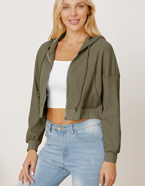 Load image into Gallery viewer, Waffle-Knit Drawstring Zip Up Hoodie
