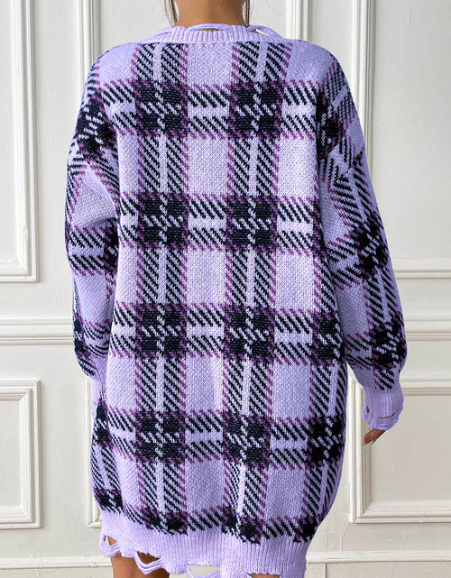 Load image into Gallery viewer, Plaid V-Neck Long Sleeve Sweater Dress
