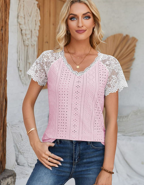 Load image into Gallery viewer, Eyelet V-Neck Lace Short Sleeve T-Shirt

