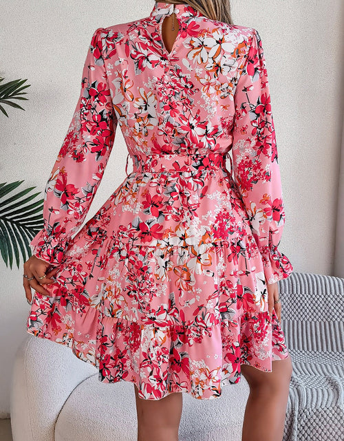 Load image into Gallery viewer, Printed Mock Neck Flounce Sleeve Mini Dress
