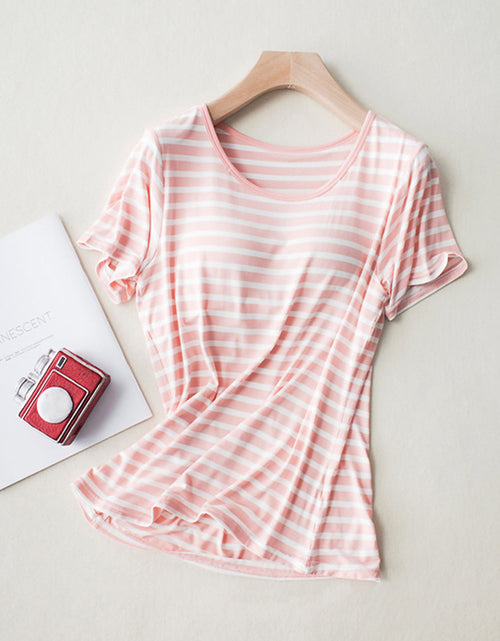 Load image into Gallery viewer, Striped Round Neck Short Sleeve T-Shirt with Bra
