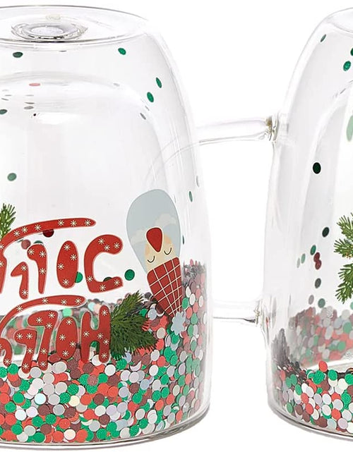 Load image into Gallery viewer, Set of 2 Holly Jolly Christmas Design Tumbler Mugs - Confetti Filled 9.5 oz Decorated Christmas Glass - Perfect for Wine, Eggnog, Cocoa, Holiday Parties &amp; Festivities - 4.25" High, 9.5 oz Capacity by The Wine Savant
