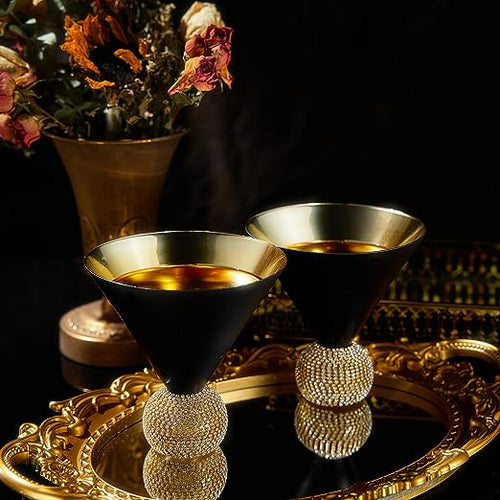 Load image into Gallery viewer, The Wine Savant Diamond Studded Martini Glasses Set of 2 Black &amp; Gold Rimmed Modern Cocktail Glass, Rhinestone With Stemless Crystal Ball Base, Bar or Party 10.5oz, Swarovski Style Crystals by The Wine Savant
