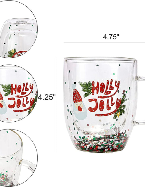 Load image into Gallery viewer, Set of 2 Holly Jolly Christmas Design Tumbler Mugs - Confetti Filled 9.5 oz Decorated Christmas Glass - Perfect for Wine, Eggnog, Cocoa, Holiday Parties &amp; Festivities - 4.25" High, 9.5 oz Capacity by The Wine Savant
