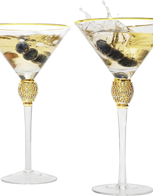 Load image into Gallery viewer, Diamond Collection 2 Piece Stemmed Martini Set - Rhinestone For Drinking Martinis, Manhattans, Vodka, Gin, Cocktails Gold Accent Cocktail Glasses, Perfect For Any Bar or Party 10oz - Swarovski Style by The Wine Savant
