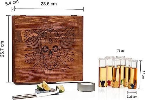 Load image into Gallery viewer, Tequila Shot Glass &amp; Salt Gift Set for Men &amp; Women | Six Agave Shot Glasses, Knife For Limes, One Skull Coaster, One Salt Tin | Skeleton Mahogany Wood Box Package For Tequila, Liquor Lovers by The Wine Savant
