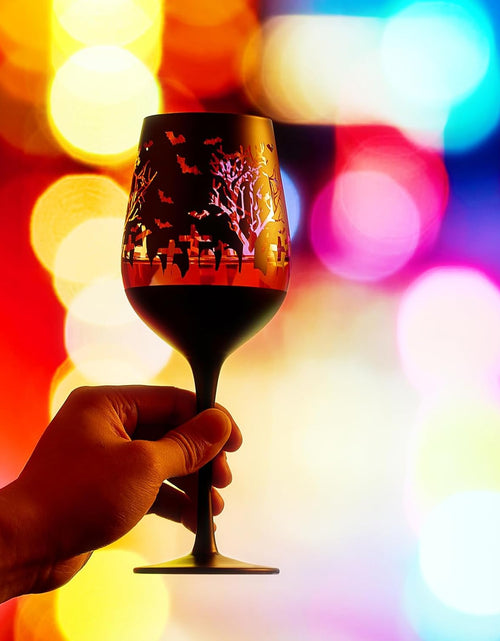 Load image into Gallery viewer, Crystal Halloween Stemmed Wine Glasses - Set of 2 - Themed Vibrant Black &amp; Gold Etched Spooky Graveyard Pattern Frosted Glass, Perfect for Themed Gothic Parties Trick Or Treat Gift For Him Her (14 OZ) by The Wine Savant
