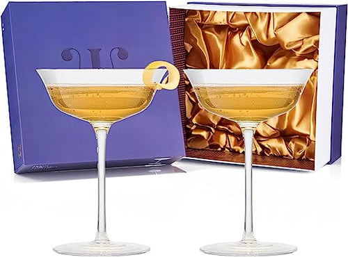 Load image into Gallery viewer, Vintage Crystal Coupe Glasses, Set of 2, Clear Radiance - Champagne, Martini, Cocktails - Hand Blown Classy Glass -Timeless Art Deco Design - Durable Sparkling Cocktail Barware, Home Bar (8 OZ) by The Wine Savant
