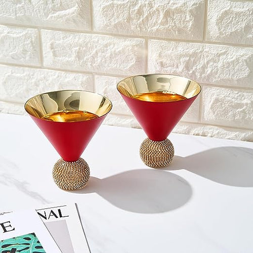 Load image into Gallery viewer, The Wine Savant Diamond Studded Martini Glasses Set of 2 Matte Red &amp; Gold Modern Cocktail Glass, Rhinestone Diamonds With Stemless Crystal Ball Base, Bar or Party 10.5oz, Swarovski Style Crystals by The Wine Savant
