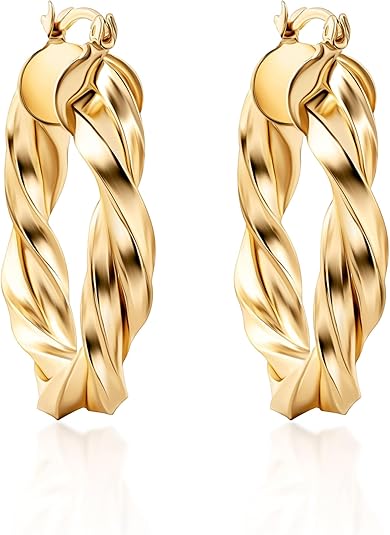 Load image into Gallery viewer, 18K Gold Twisted Hoop Earrings Intertwined Earrings, 5 mm Thick x 40 mm Length, Gold Tone Hoop Earrings High Polish Finish, Made in Brazil

