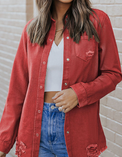 Load image into Gallery viewer, Distressed Raw Hem Snap Down Denim Jacket

