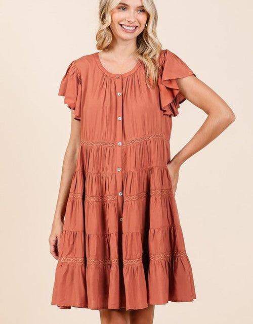 Load image into Gallery viewer, Mittoshop Lace Detail Ruffled Button Down Tiered Dress
