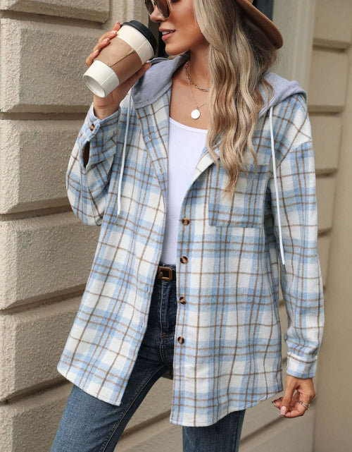 Load image into Gallery viewer, Drawstring Plaid Button Up Hooded Jacket
