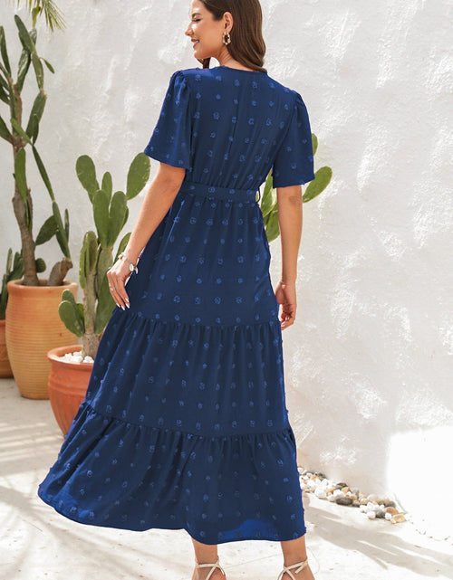 Load image into Gallery viewer, Swiss Dot Tied Surplice Short Sleeve Dress
