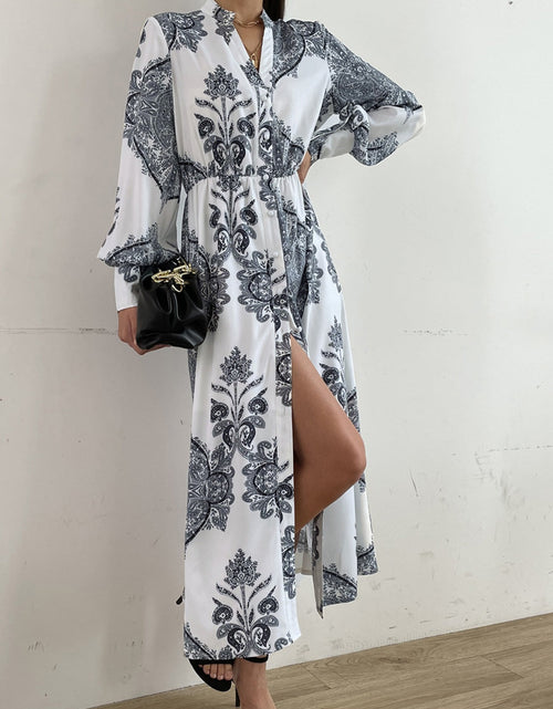Load image into Gallery viewer, Printed Notched Lantern Sleeve Midi Dress
