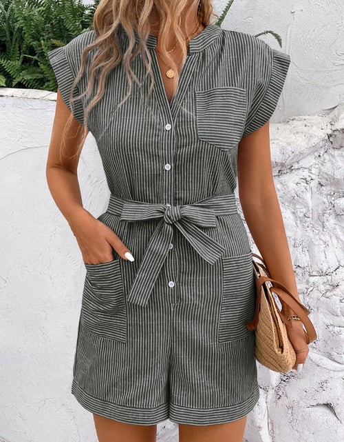 Load image into Gallery viewer, Perfee Striped Notched Tie Waist Romper
