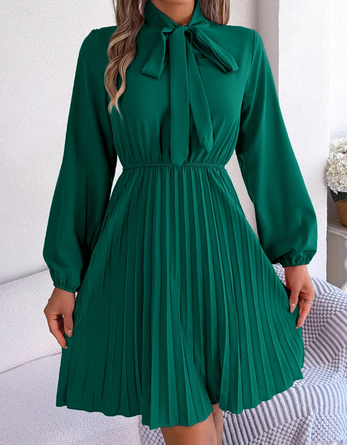 Load image into Gallery viewer, Tie Neck Balloon Sleeve Pleated Dress
