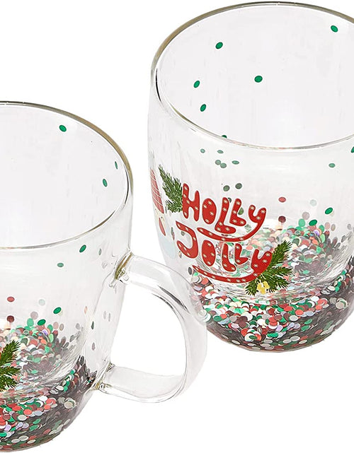 Load image into Gallery viewer, Set of 2 Holly Jolly Christmas Design Tumbler Mugs - Confetti Filled 9.5 oz Decorated Christmas Glass - Perfect for Wine, Eggnog, Cocoa, Holiday Parties &amp; Festivities - 4.25" High, 9.5 oz Capacity by The Wine Savant
