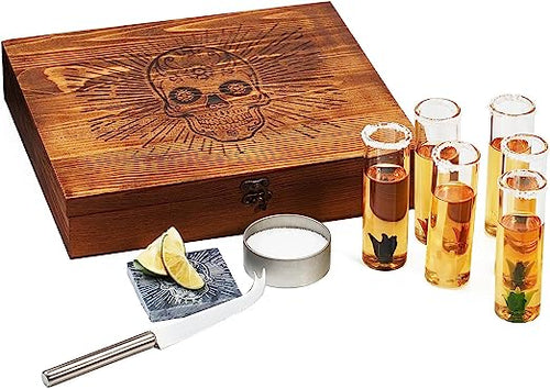 Load image into Gallery viewer, Tequila Shot Glass &amp; Salt Gift Set for Men &amp; Women | Six Agave Shot Glasses, Knife For Limes, One Skull Coaster, One Salt Tin | Skeleton Mahogany Wood Box Package For Tequila, Liquor Lovers by The Wine Savant
