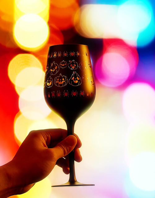Load image into Gallery viewer, Crystal Halloween Stemmed Wine Glasses - Set of 2 - Pumpkin Themed Vibrant Black &amp; Gold Spooky Ghost Pattern Frosted Glass, Perfect for Themed Gothic Parties Trick Or Treat Gifts for Him Her (16 OZ) by The Wine Savant
