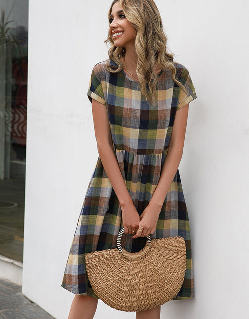 Load image into Gallery viewer, Ivy Lane Plaid Round Neck Cap Sleeve Dress
