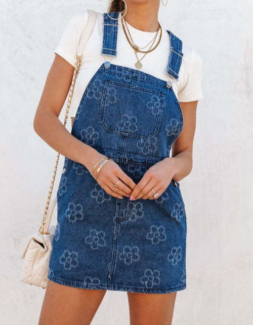 Load image into Gallery viewer, Flower Wide Strap Denim Overall Dress with Pockets
