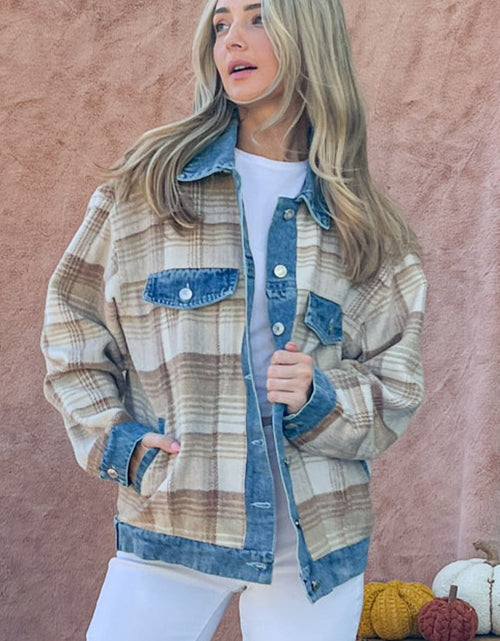 Load image into Gallery viewer, And The Why Full Size Washed Denim Detail Brushed Plaid Jacket
