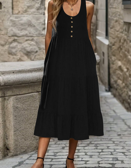 Load image into Gallery viewer, Perfee Decorative Button Tiered Tank Dress

