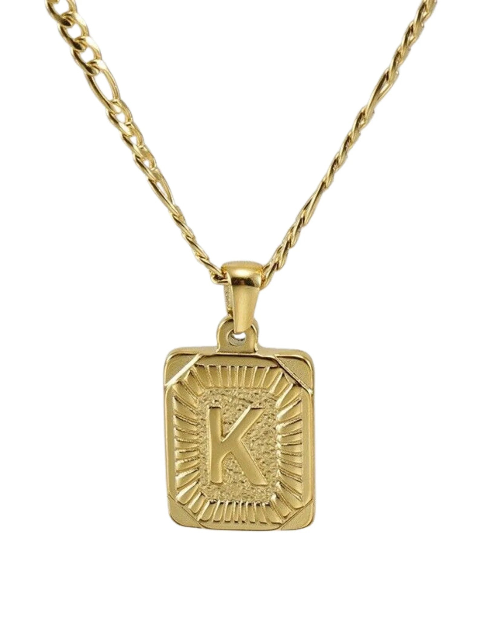 18" Gold Plated Initial Letter Pendant Necklace Stainless Steel Figaro Chain