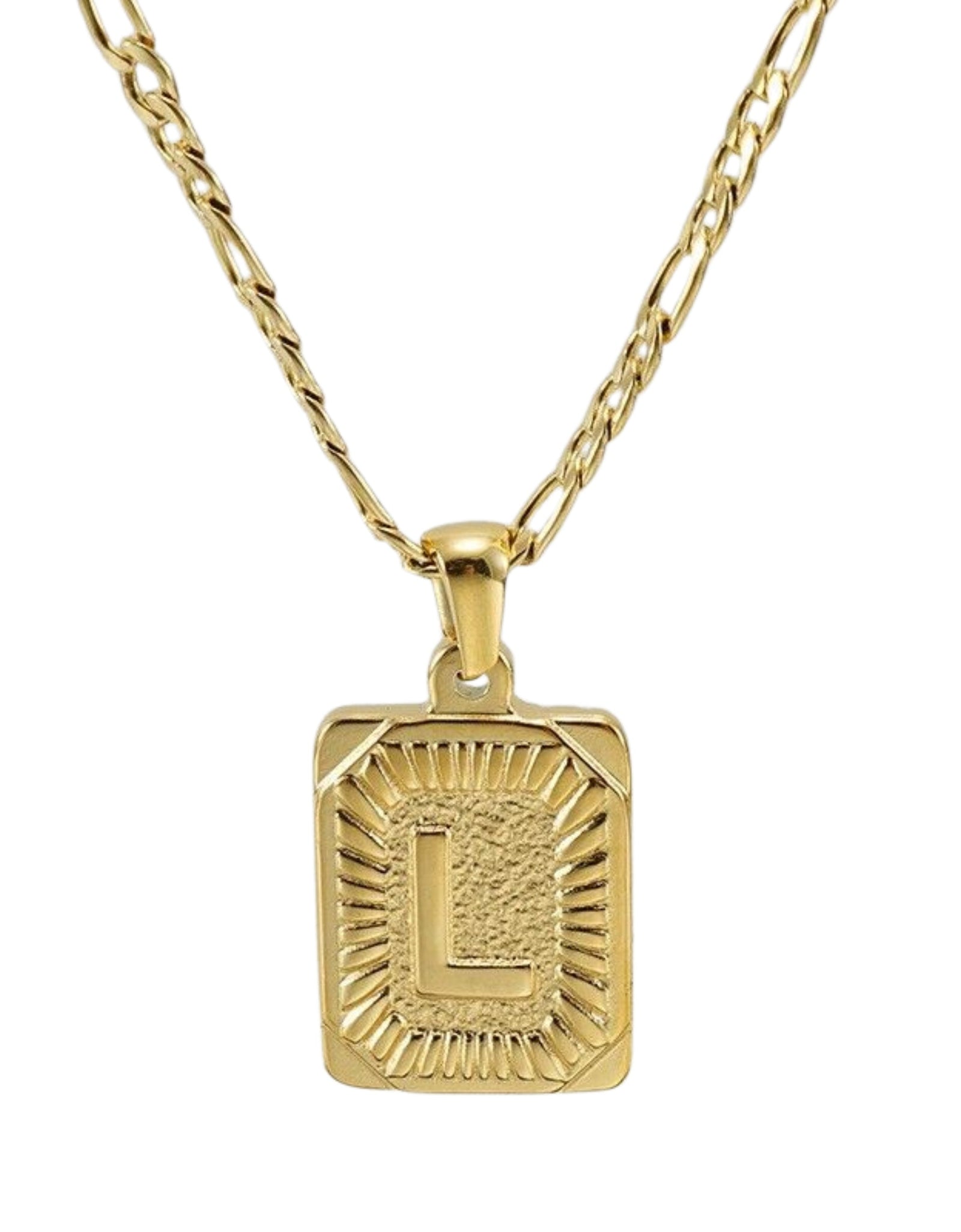 18" Gold Plated Initial Letter Pendant Necklace Stainless Steel Figaro Chain