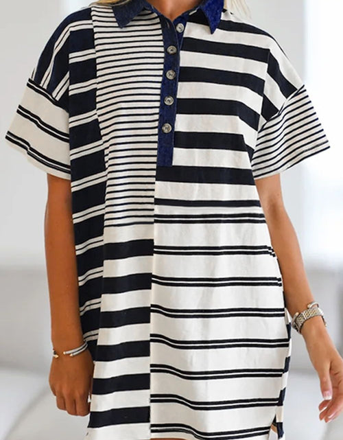 Load image into Gallery viewer, Button Detail Striped Short Sleeve Mini Dress
