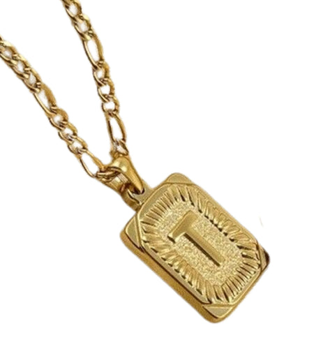 18" Gold Plated Initial Letter Pendant Necklace Stainless Steel Figaro Chain