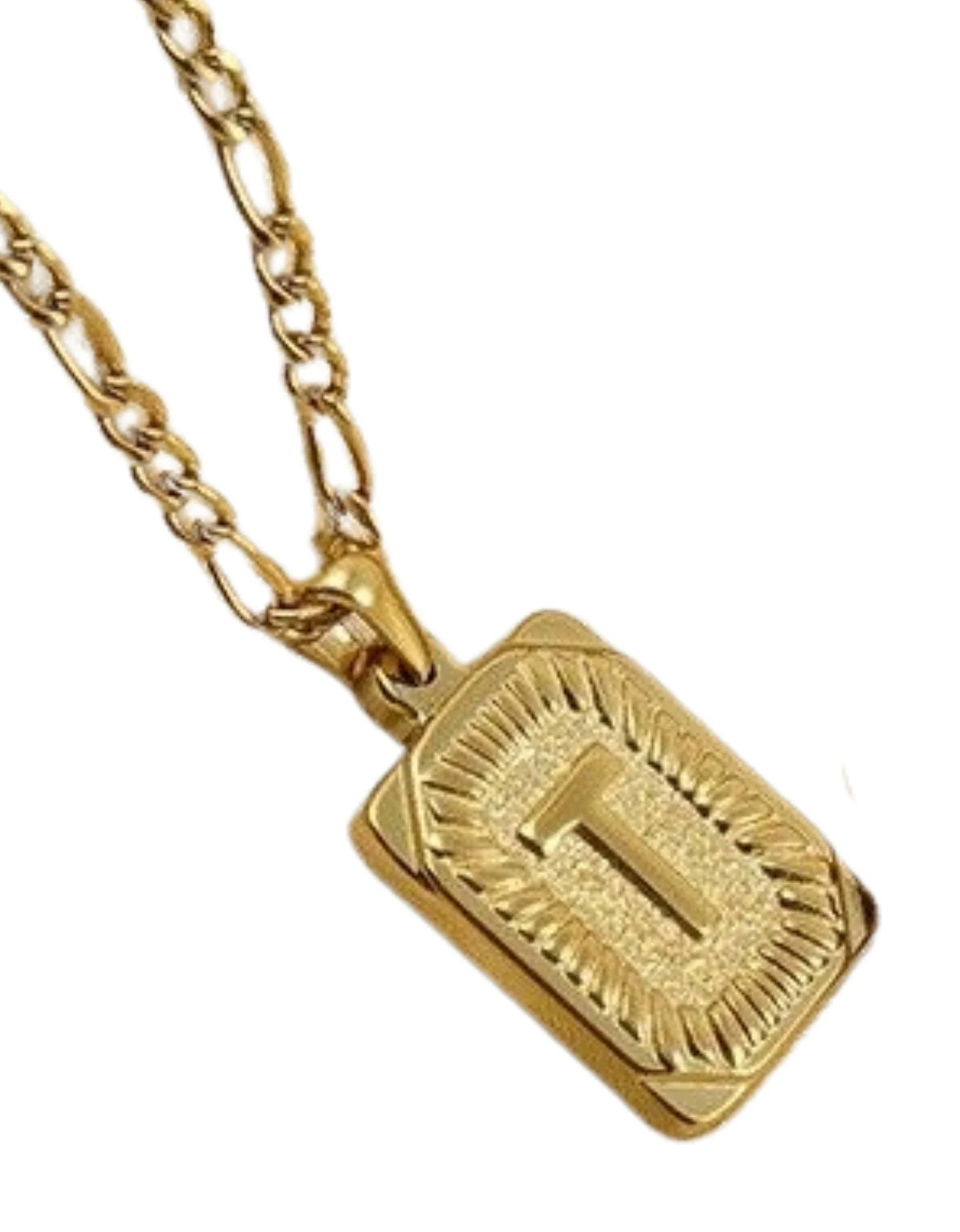 18" Gold Plated Initial Letter Pendant Necklace Stainless Steel Figaro Chain