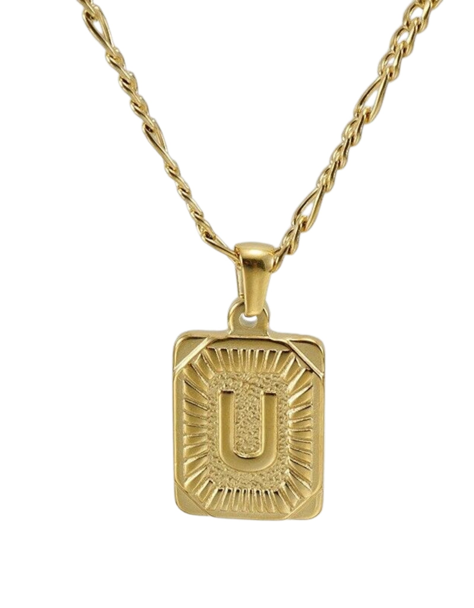 18" Gold Plated Initial Letter Pendant Necklace Stainless Steel Figaro Chain