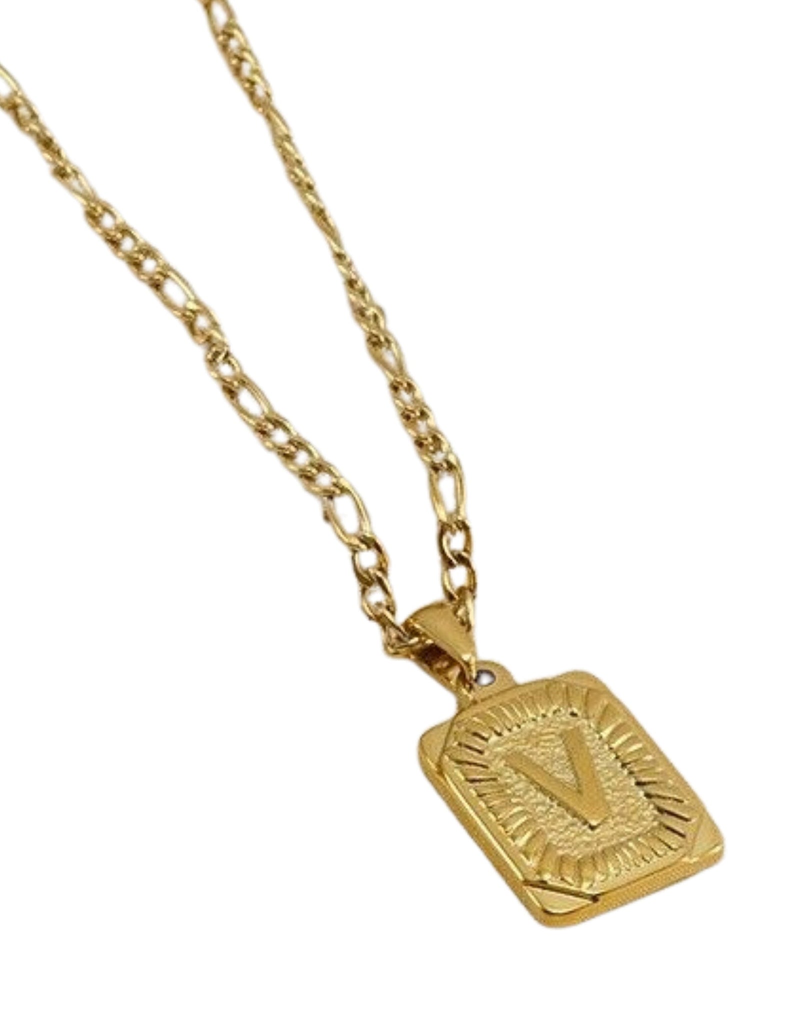 18" Gold Plated Initial Letter Pendant Necklace Stainless Steel Figaro Chain