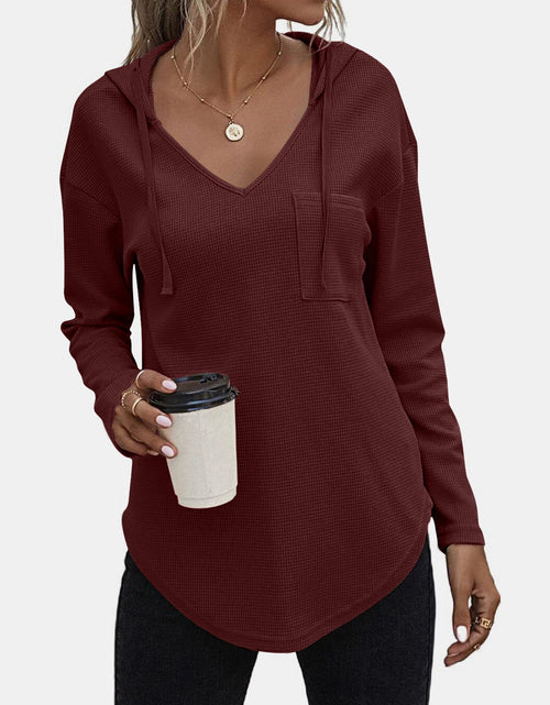 Load image into Gallery viewer, Drawstring Waffle Knit Long Sleeve Hooded Top
